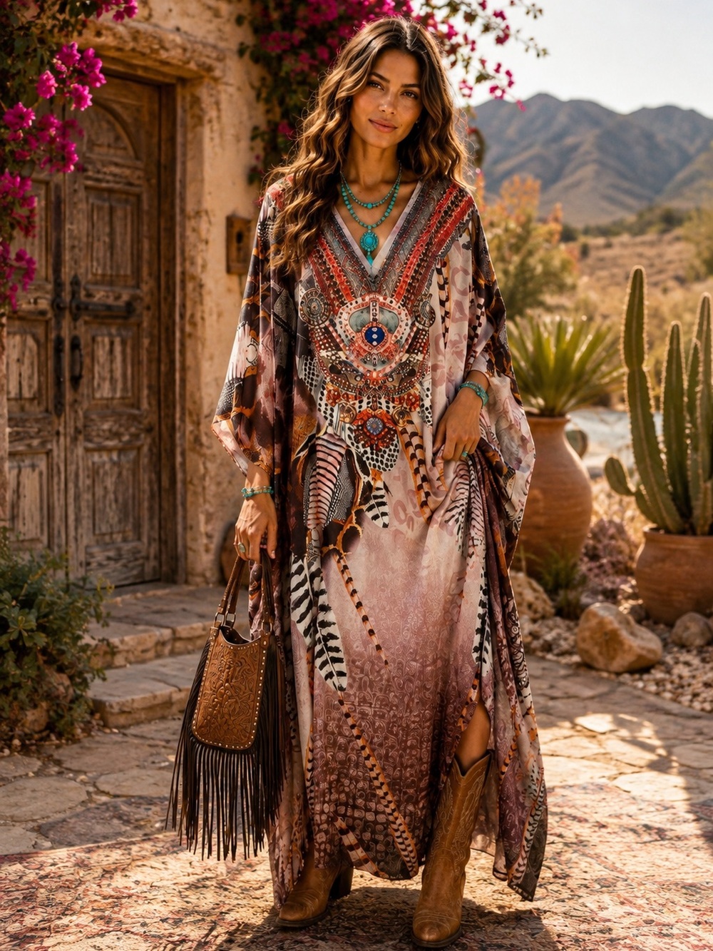 NWT-Silk Blend Desert Mirage Feathered Boho Kaftan ptp-36